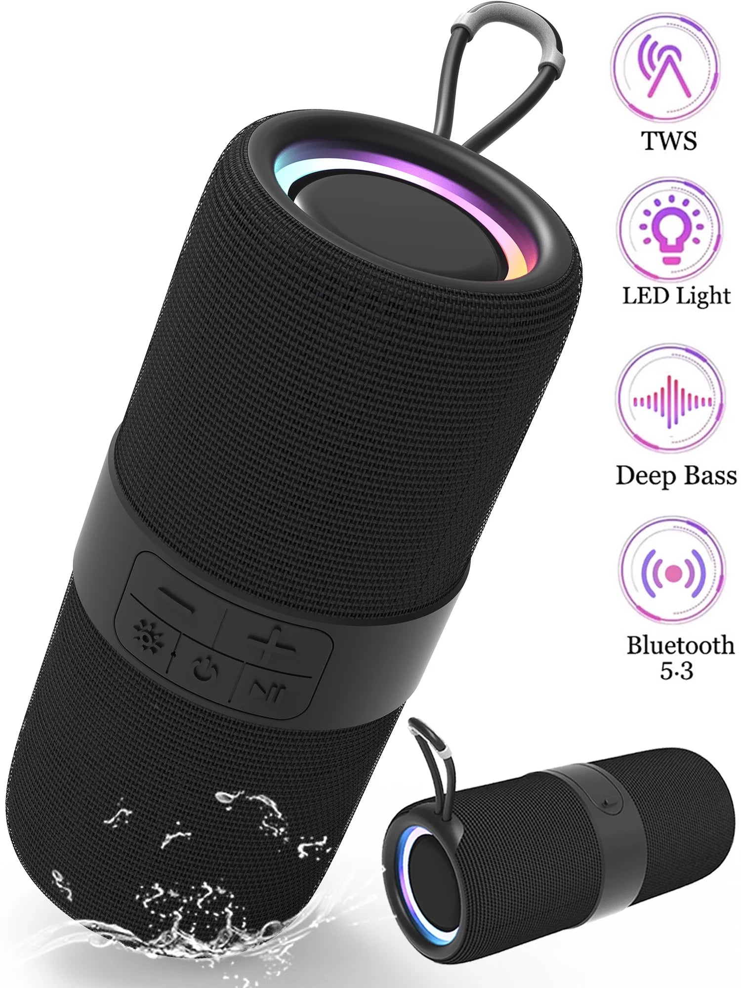 Portable Wireless Bluetooth Speaker,Waterproof Speaker with LED Lights / Deep Bass,10H Playtime,Tws Pairing for Outdoor Party,Black