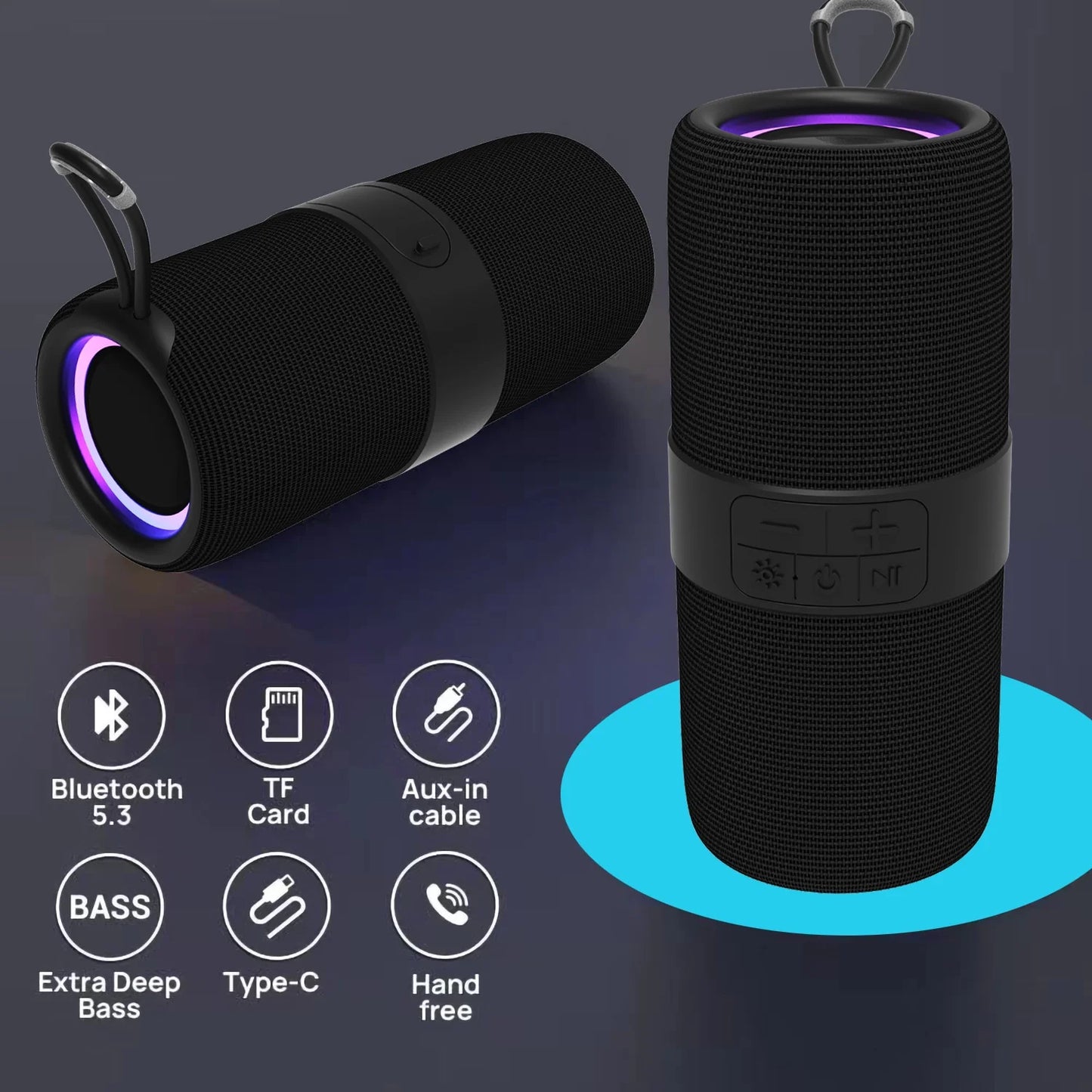 Portable Wireless Bluetooth Speaker,Waterproof Speaker with LED Lights / Deep Bass,10H Playtime,Tws Pairing for Outdoor Party,Black