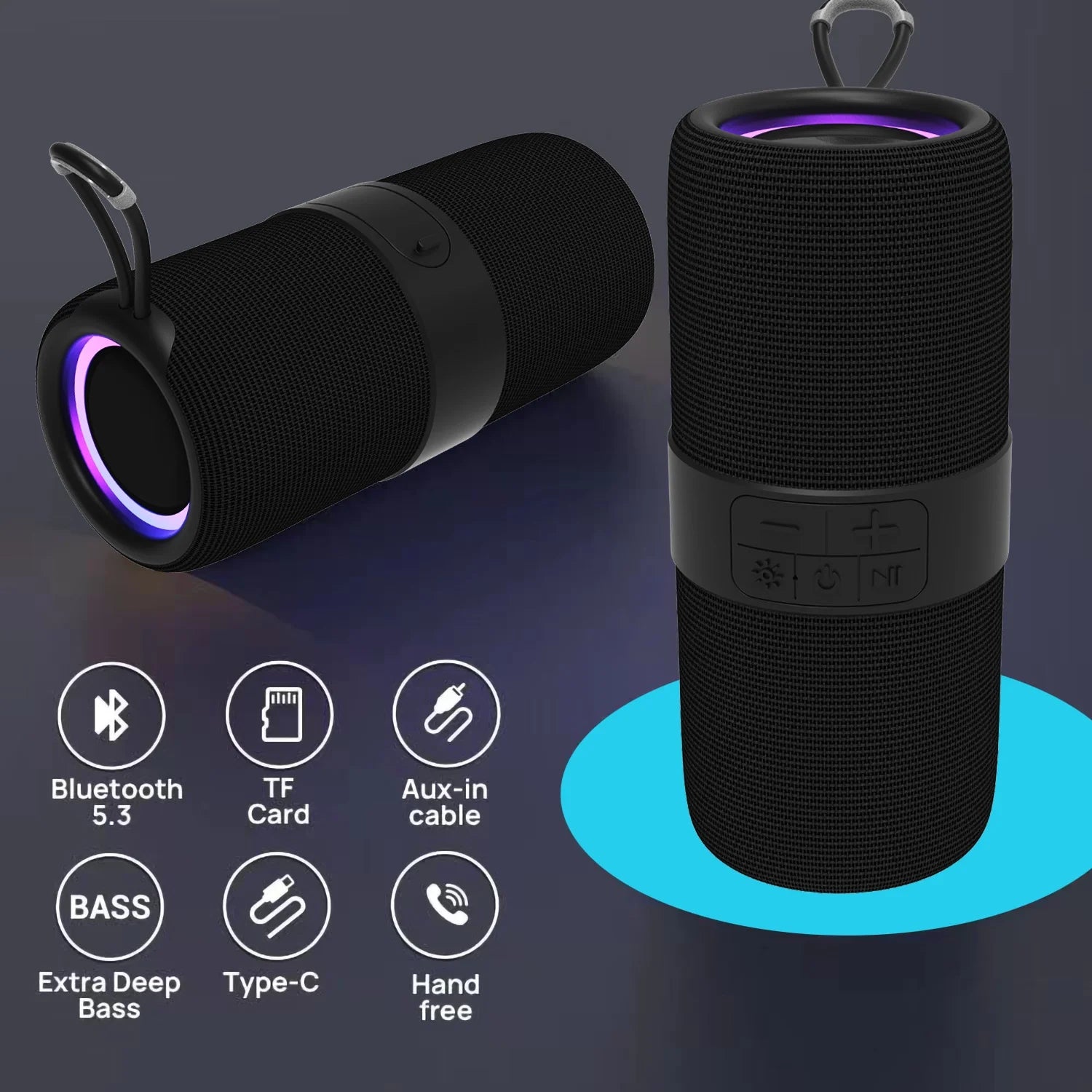Portable Wireless Bluetooth Speaker,Waterproof Speaker with LED Lights / Deep Bass,10H Playtime,Tws Pairing for Outdoor Party,Black