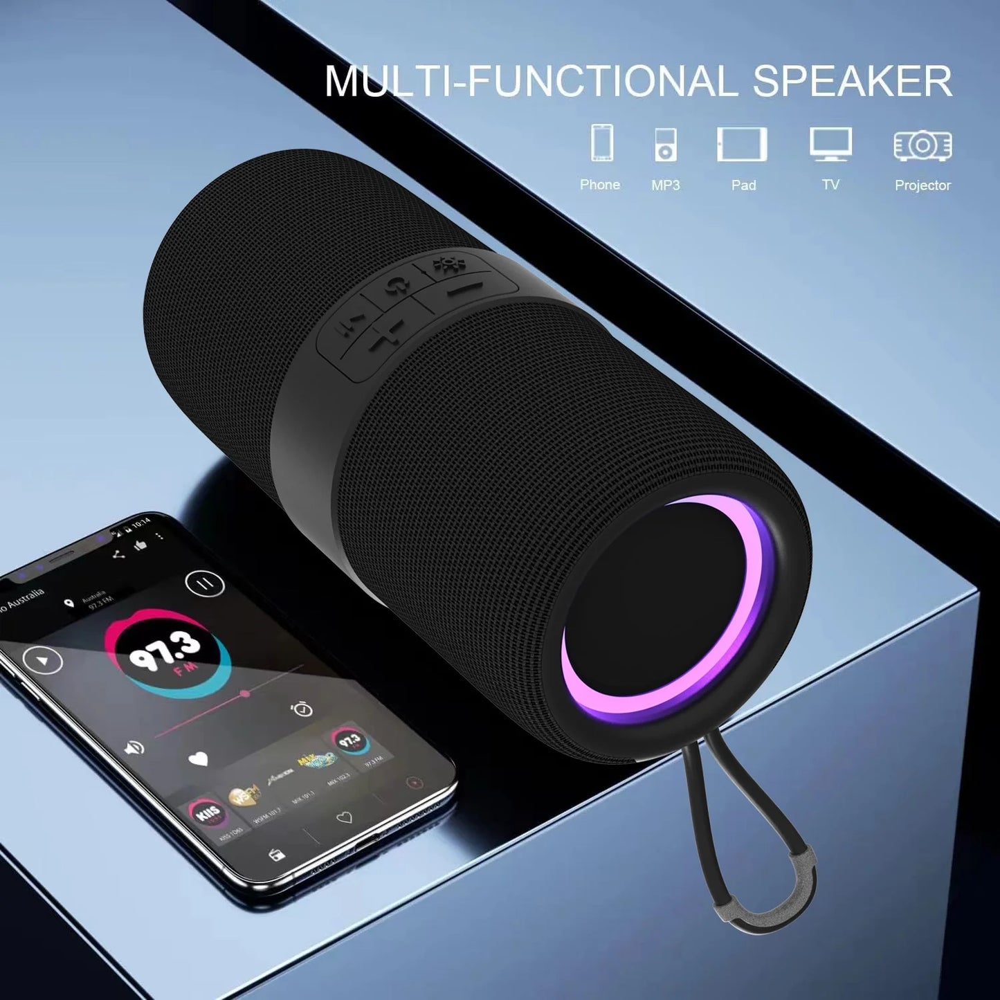 Portable Wireless Bluetooth Speaker,Waterproof Speaker with LED Lights / Deep Bass,10H Playtime,Tws Pairing for Outdoor Party,Black